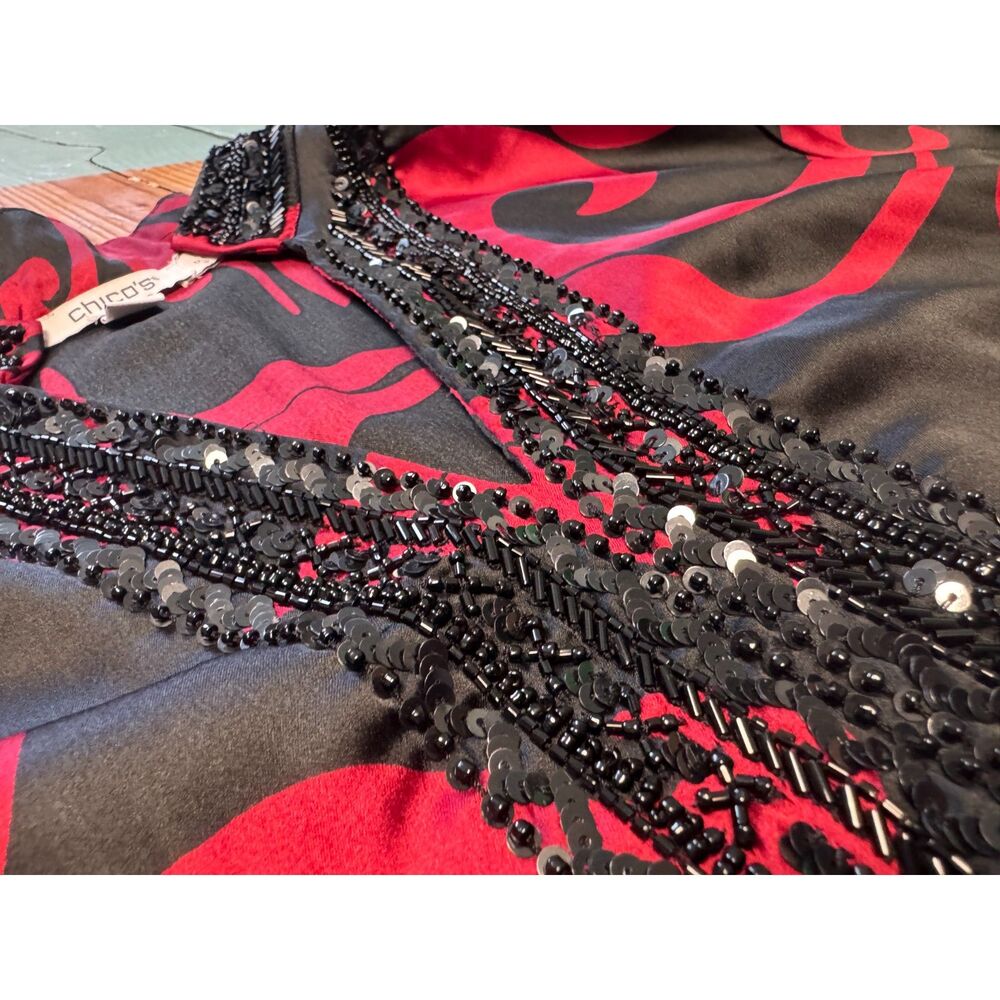 Chico’s Black & Red Beaded Tunic Top Medium